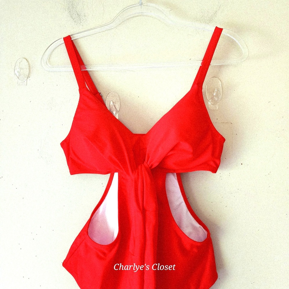 Red Cutout Monokini Swimsuit M/L NWOT Front Tie One Piece Beachy Vacation Vixen - Picture 2 of 10